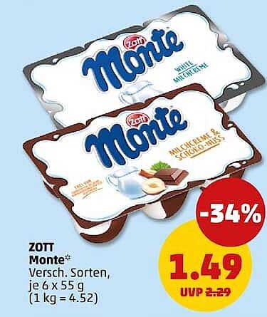 Zott Monte* Versch. Sorten, je 6 x 55 g (1 kg = 4.52)