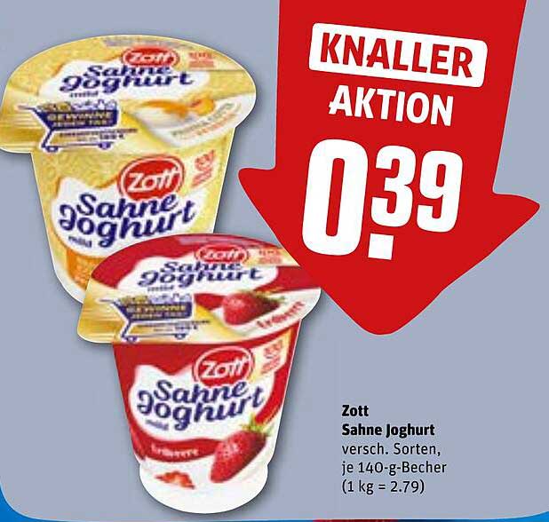 Zott Sahne Joghurt versch. Sorten, je 140-g-Becher (1 kg = 2.79)