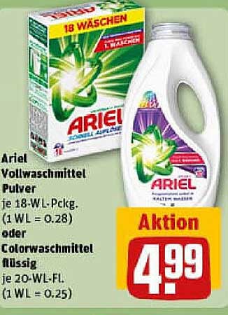 Ariel Vollwaschmittel Pulver 18 WL-Pckg oder Colorwaschmittel flüssig 20 WL-Fl