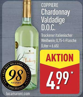 COPPIERE Chardonnay Valdadige D.O.C. - Trockener italienischer Weißwein, 0,75-L-Flasche
