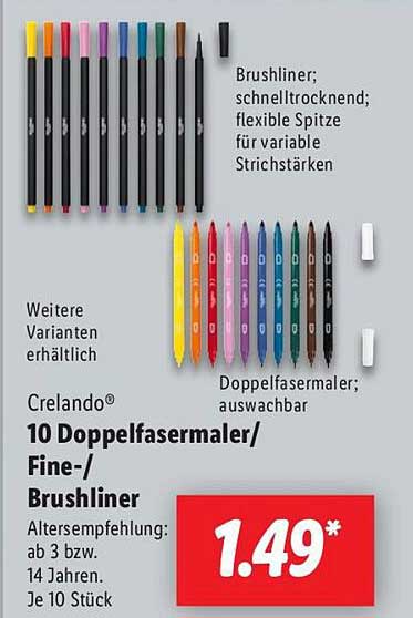 Crelando® 10 Doppel-Highlightmarker/Fine-/Brushliner für nur 1,49 €