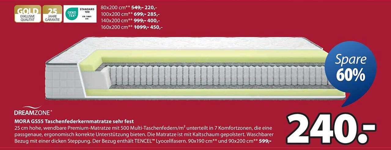 DREAMZONE MORA GS55 Taschenfederkernmatratze sehr fest