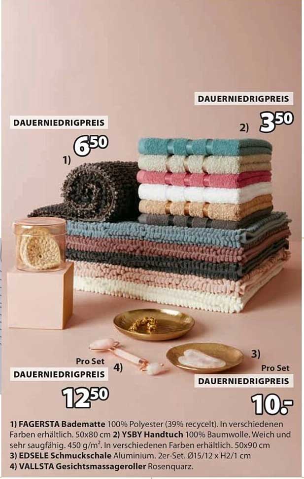 FAGERSTA Badematte, YSBY Handtuch, EDSELE Schmuckschale und VALLSTA Gesichtsroller Set