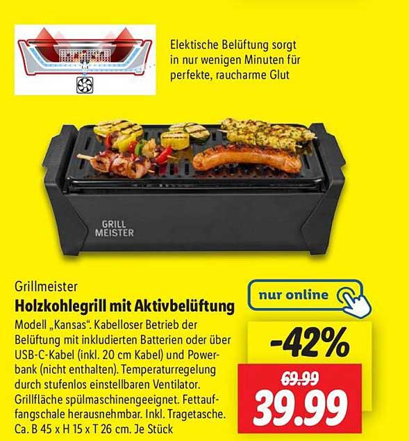 Grillmeister Holzkohlegrill mit Aktivbelüftung Modell "Kansas"
