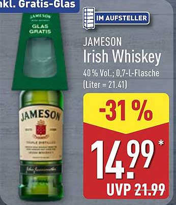 JAMESON Irish Whiskey 0,7-L-Flasche inkl. gratis Glas