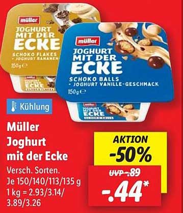 Müller Joghurt mit der Ecke Schoko Flakes und Schoko Balls 150g