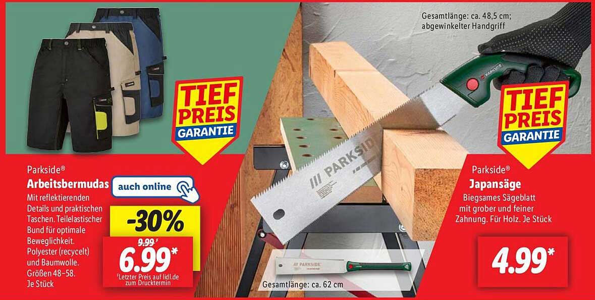 Parkside® Arbeitsbermudas und Japan-Säge im Angebot