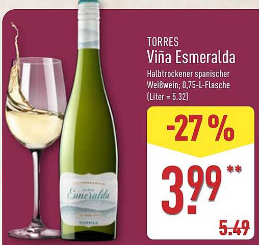 TORRES Viña Esmeralda Halbtrockener spanischer Weißwein, 0,75-L-Flasche