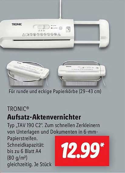 TRONIC® Aufsatz-Aktenvernichter Typ „TAV 190 C2“