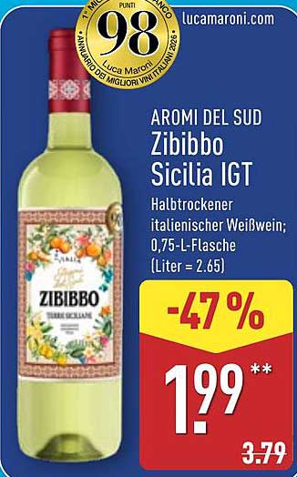 Zibibbo Sicilia IGT Halbtrockener Weißwein 0,75 L