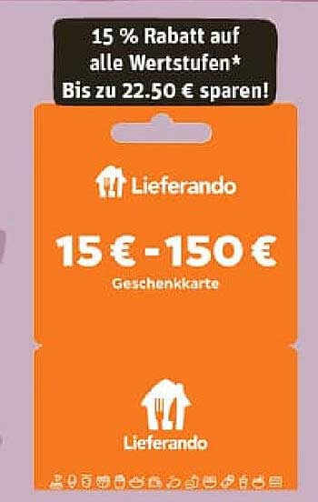 15 % Rabatt auf alle Wertstufen der Lieferando Geschenkkarte