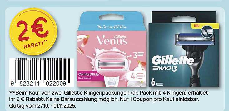 2 € Rabatt auf Gillette Klingenpackungen