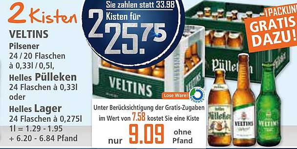 2 Kisten Veltins Pilsener, Helles Pülleken oder Helles Lager zum Aktionspreis