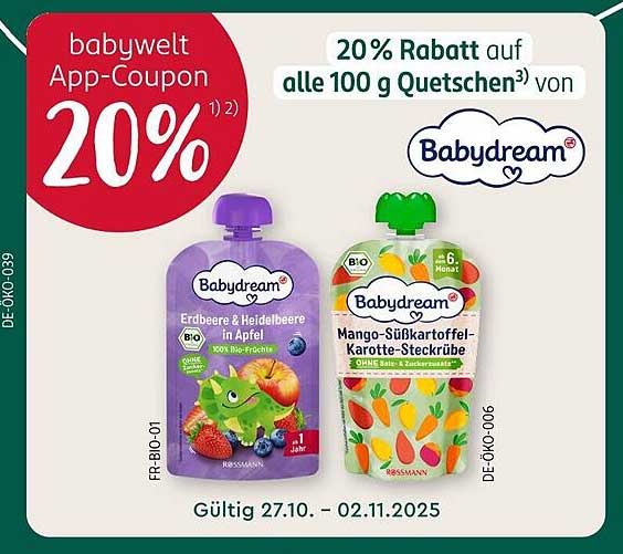 20% Rabatt auf alle 100 g Quetschen von Babydream