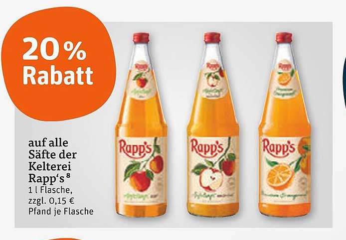 20% Rabatt auf alle Säfte der Kelterei Rapp's
