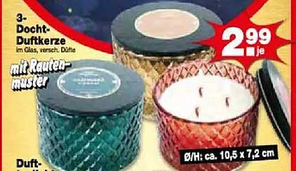 3-Docht-Duftkerze im Glas, verschiedene Düfte