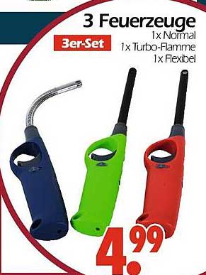 3er-Set Feuerzeuge: 1x Normal, 1x Turbo-Flamme, 1x Flexibel