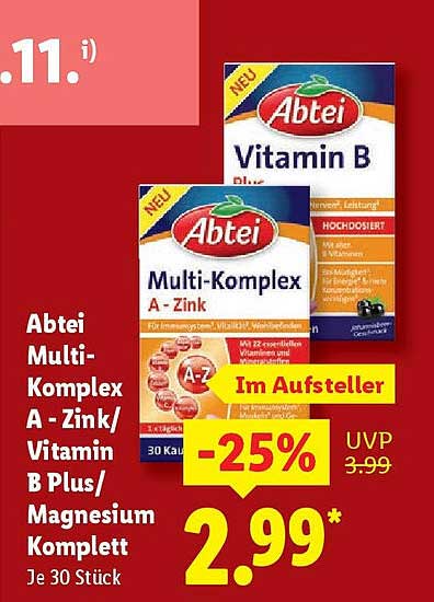 Abtei Multi-Komplex A - Zink/Vitamin B Plus/Magnesium Komplett Je 30 Stück