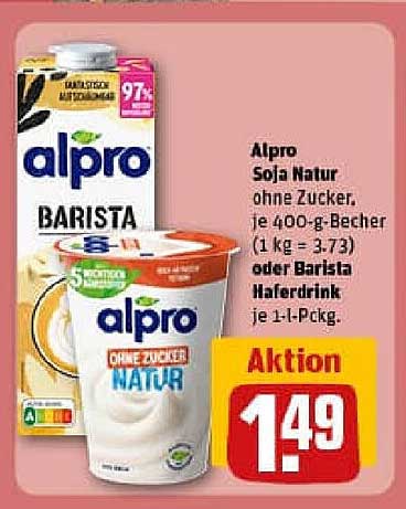 Alpro Soja Natur ohne Zucker, je 400-g-Becher oder Barista Haferdrink je 1-l-Pckg.