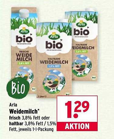 Arla Weidemilch 1l-Packung, frisch 3,8% Fett oder haltbar 3,8% Fett / 1,5% Fett
