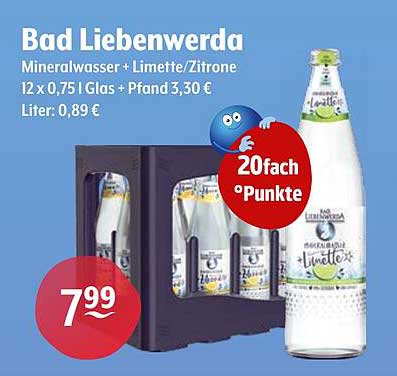 Bad Liebenwerda Mineralwasser + Limette/Zitrone 12 x 0,75 l Glas + Pfand 3,30 €