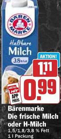 Bärenmarke Die frische Milch oder H-Milch - 1 l Packung