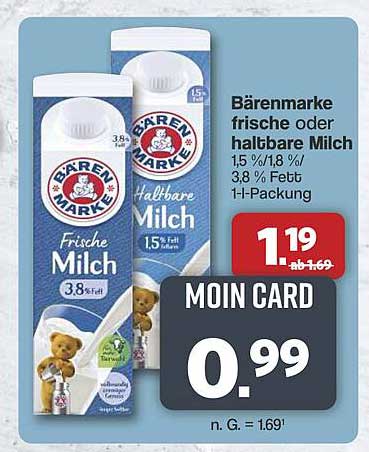 Bärenmarke frische oder halbare Milch 1,5 %/1,8 %/3,8 % Fett 1l-Packung