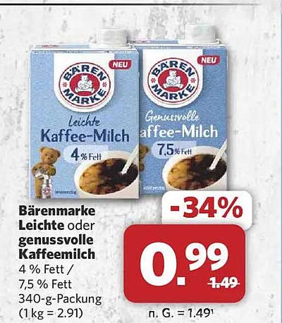 Bärenmarke Leichte oder genussvolle Kaffeemilch 4 % Fett / 7,5 % Fett 340-g-Packung