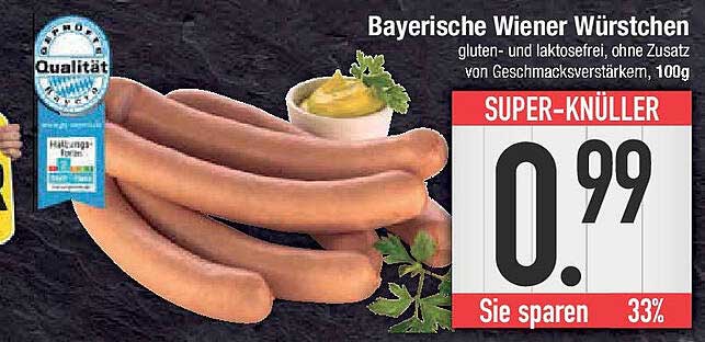Bayerische Wiener Würstchen, gluten- und laktosefrei, ohne Zusatz von Geschmacksverstärkern, 100g