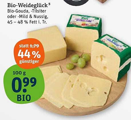 Bio-Weideglück: Bio-Gouda, Tilsiter oder Mild & Nussig, 45 – 48 % Fett i. Tr.