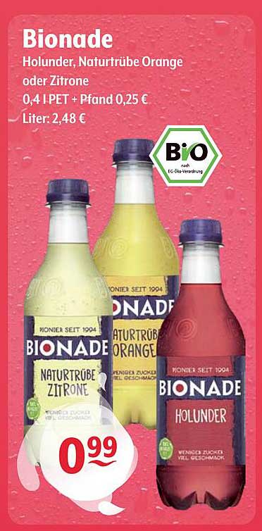 Bionade Holunder, Naturtrübe Orange oder Zitrone 0,4 l PET