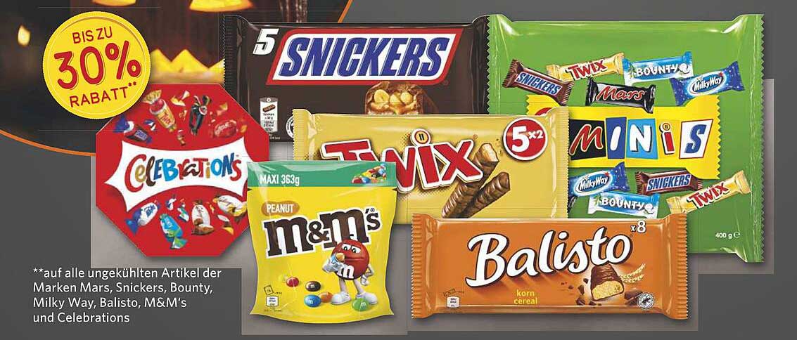 Bis zu 30% Rabatt auf ausgewählte Süßwaren von Mars, Snickers, Bounty und mehr