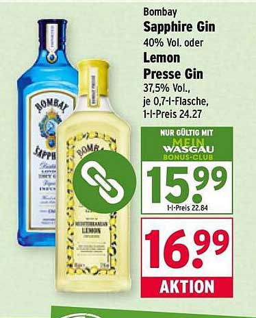 Bombay Sapphire Gin 40% Vol oder Lemon Presse Gin 37,5% Vol