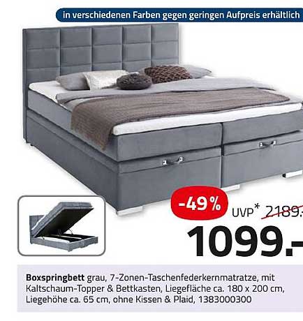 BOXSPRINGBETT grau, 7-Zonen-Taschenfederkernmatratze