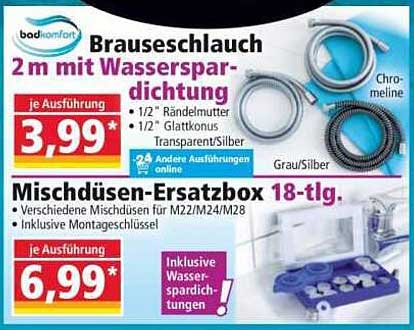 Brauseschlauch 2 m mit Wasserspar-Dichtung und Mischdüsen-Ersatzbox 18-tlg.