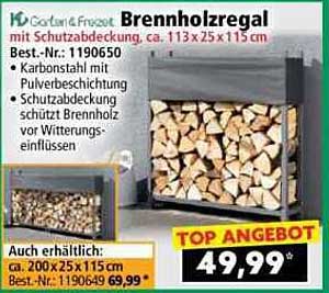 Brennholzregal mit Schutzabdeckung, ca. 113x25x115 cm