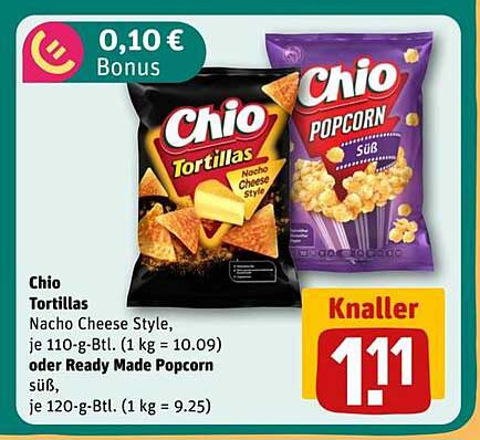 Chio Tortillas Nacho Cheese Style oder Ready Made Popcorn süß - Knallerpreis!