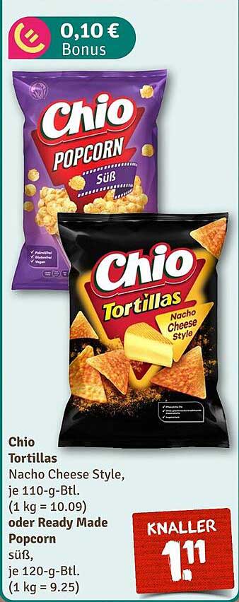 Chio Tortillas Nacho Cheese Style oder Ready Made Popcorn