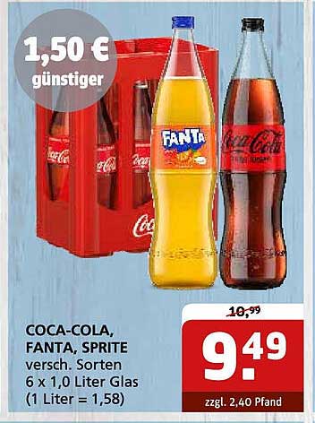 Coca-Cola, Fanta, Sprite 6 x 1,0 Liter Gläser