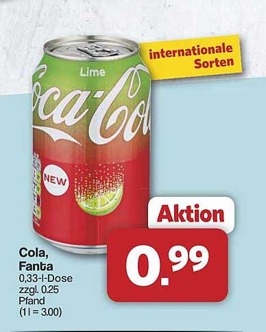 Cola, Fanta 0,33-l-Dose zzgl. 0,25 Pfand (1l = 3,00 €)