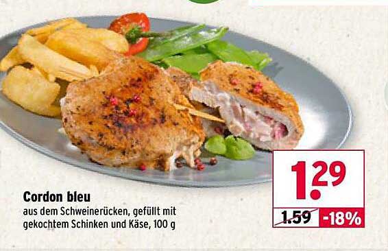 Cordon bleu aus dem Schweinerücken, gefüllt mit gekochtem Schinken und Käse, 100 g
