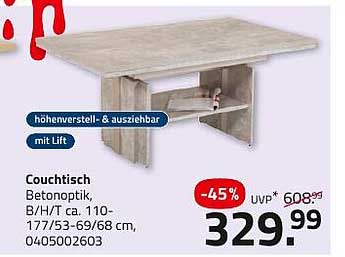 Couch Tisch Betonoptik mit Lift – Höhenverstellbar und Ausziehbar
