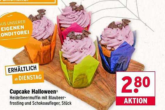 Cupcake Halloween - Heidelbeermuffin mit Blaubeerfrosting und Schokaufleger, Stück