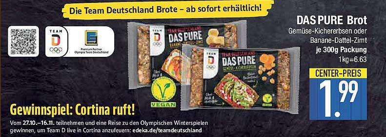 DAS PURE Brot Gemüse-Kichererbsen oder Banane-Dattel-Zimt je 300g Packung