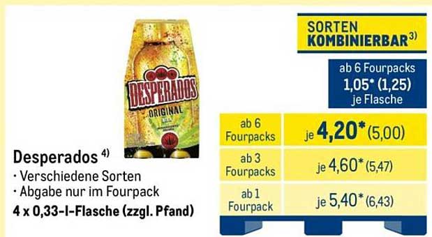 Desperados Bier – 4 x 0,33-l-Flasche (zzgl. Pfand)