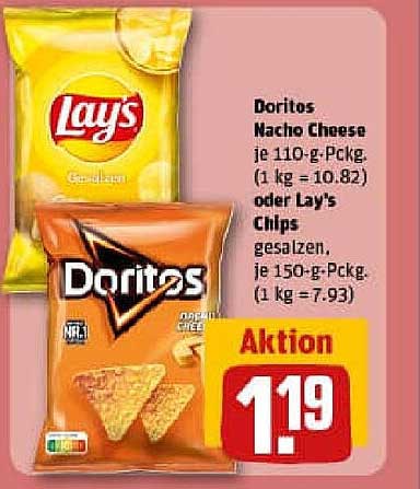 Doritos Nacho Cheese 110 g oder Lay's Chips gesalzen 150 g für nur 1,19 €