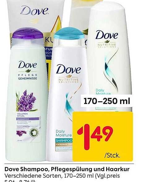Dove Shampoo, Pflegespülung und Haarkur, verschiedene Sorten, 170–250 ml