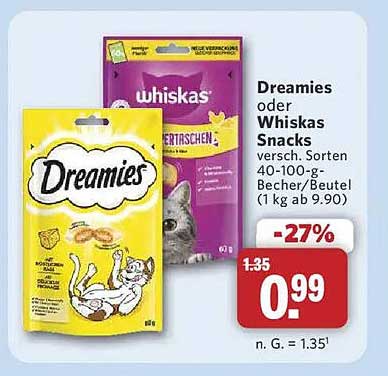 Dreamies oder Whiskas Snacks 40-100 g Becher/Beutel