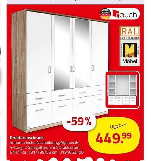 Drehtürenschrank Sonoma Eiche Nachbildung/Alpinweiß, 4-türig, 2 Spiegeltüren, 8 Schubkästen