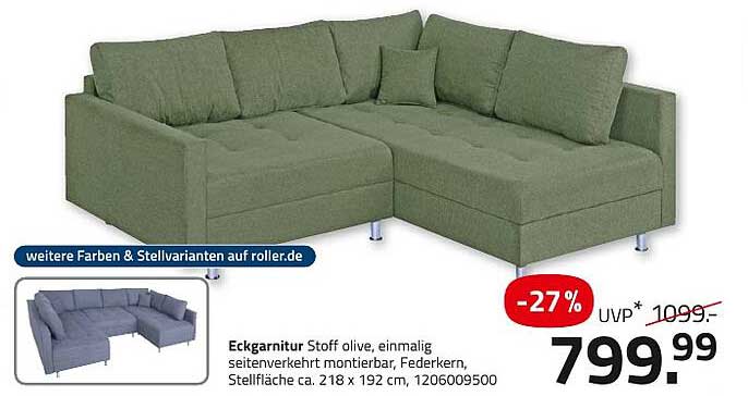 Eckgarnitur Stoff olive, einmalig seitenverkehrt montierbar